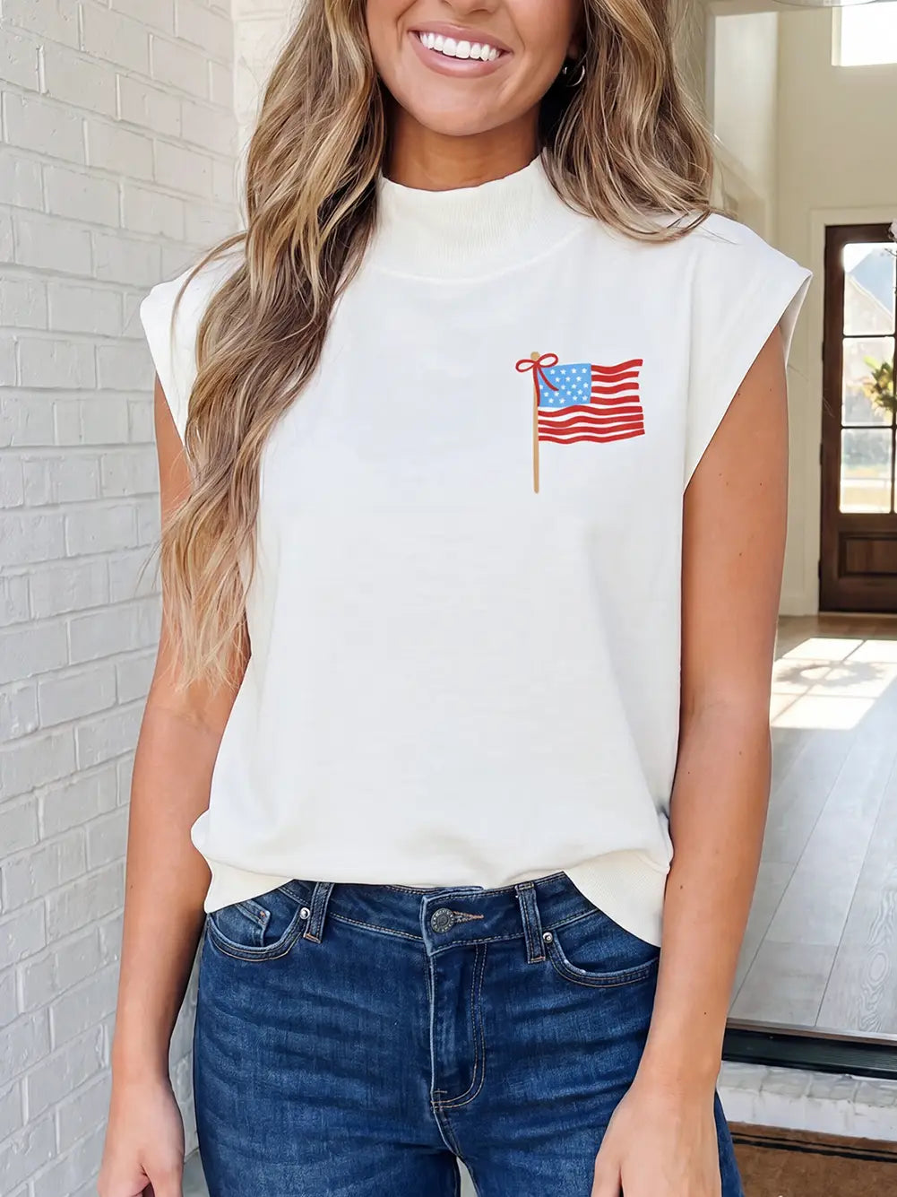 Las Patriotic USA flag double printed mock Tee PRE ORDER