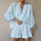 Cotton Linen V-Neck Lantern Sleeve Shorts set PRE ORDER