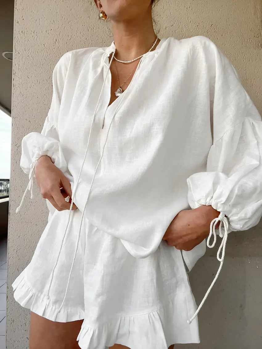 Cotton Linen V-Neck Lantern Sleeve Shorts set PRE ORDER