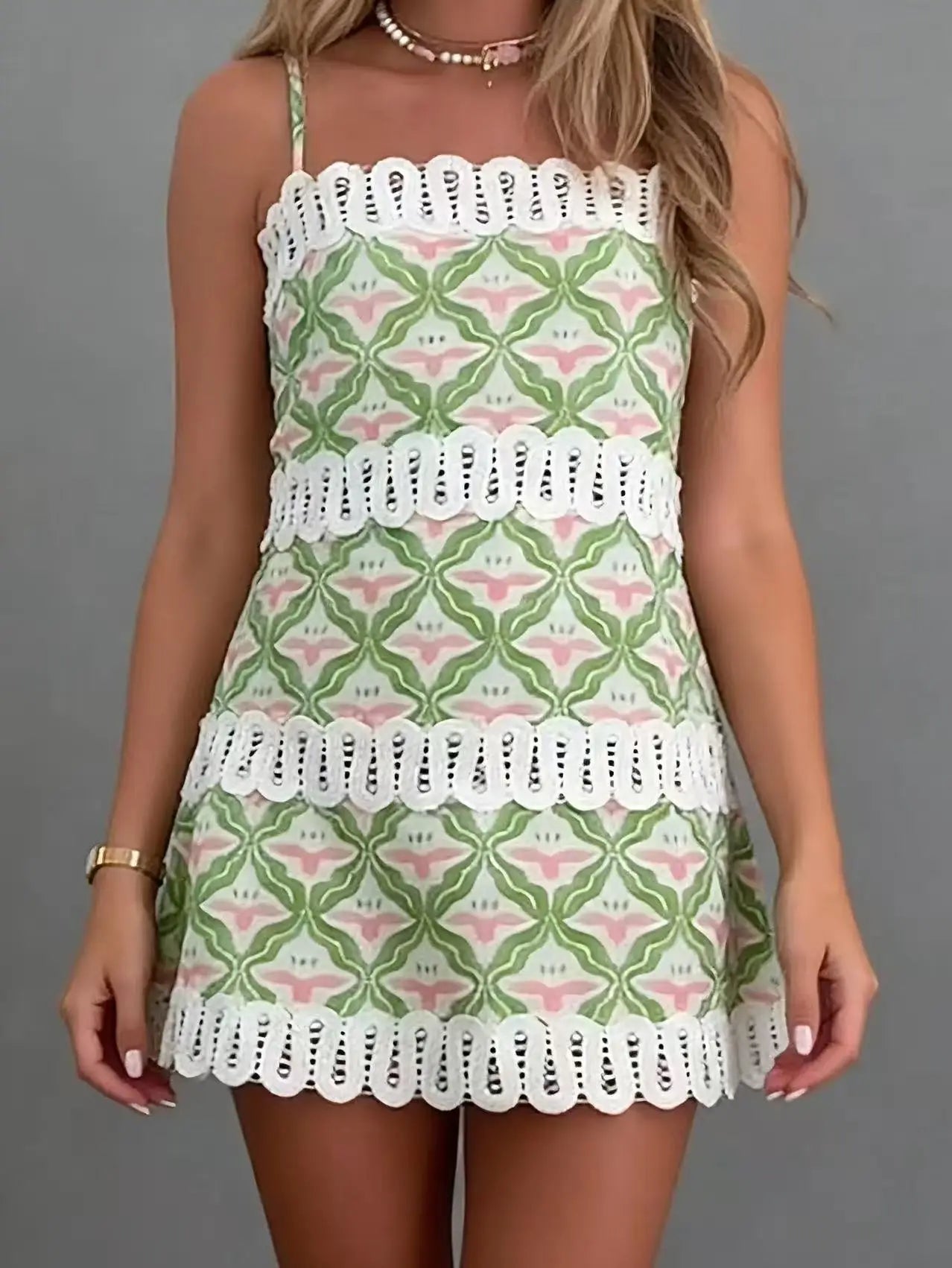 Geometric Print Scallop Lace Trim Spaghetti Strap Mini Dress PRE ORDER
