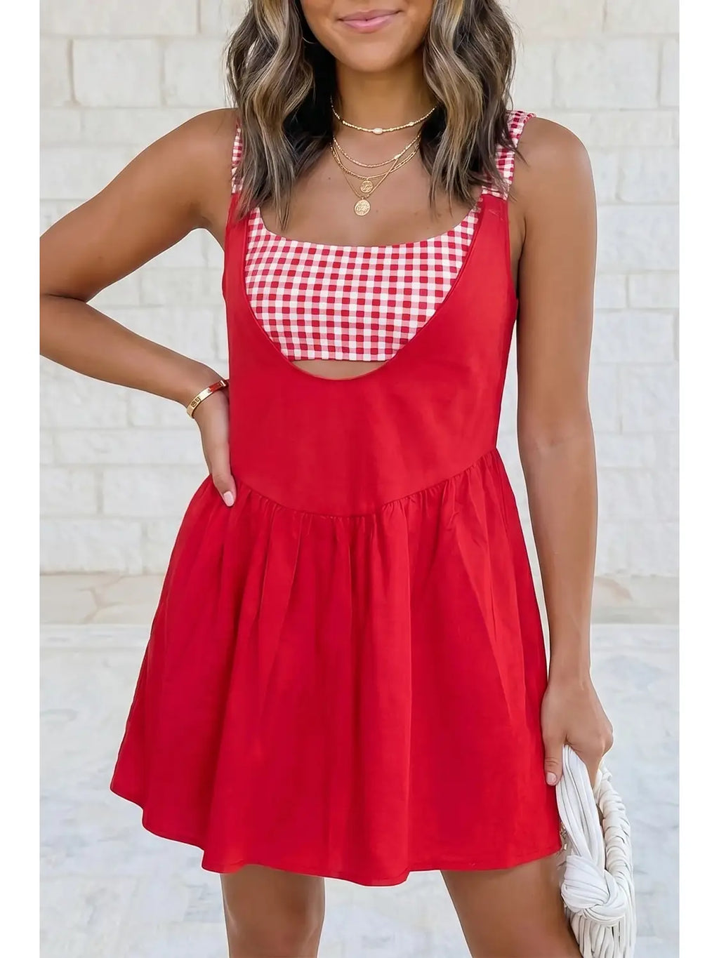 Faux 2pc Gingham contrast patchwork loose mini dress with built in shorts PRE ORDER