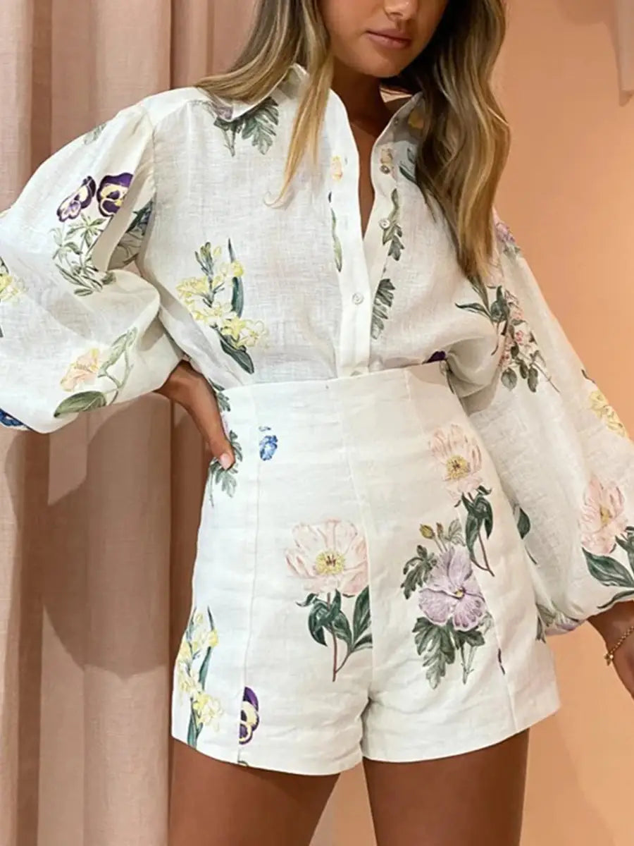 High-Waisted shorts shirt linen printed set PRE ORDER