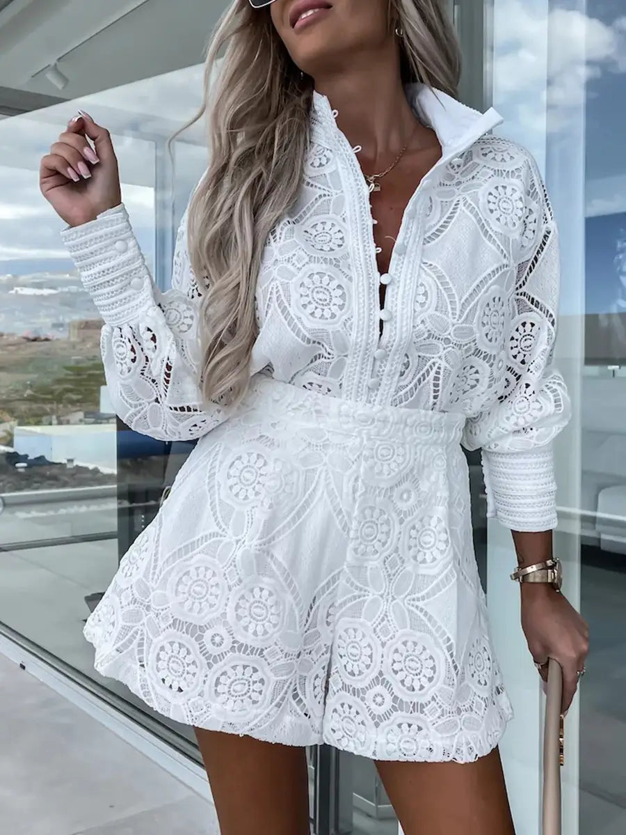 Single Breasted stand collar lace shorts set PRE ORDER