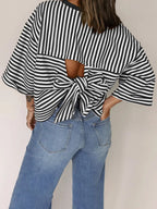 Stripe Bow cutout back drop shoulder loose tee PRE ORDER