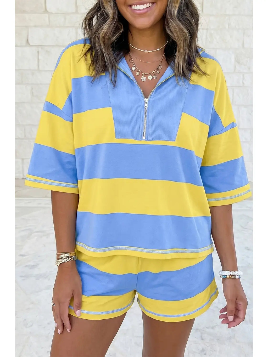 Striped half zip oversize tee casual set PRE ORDER