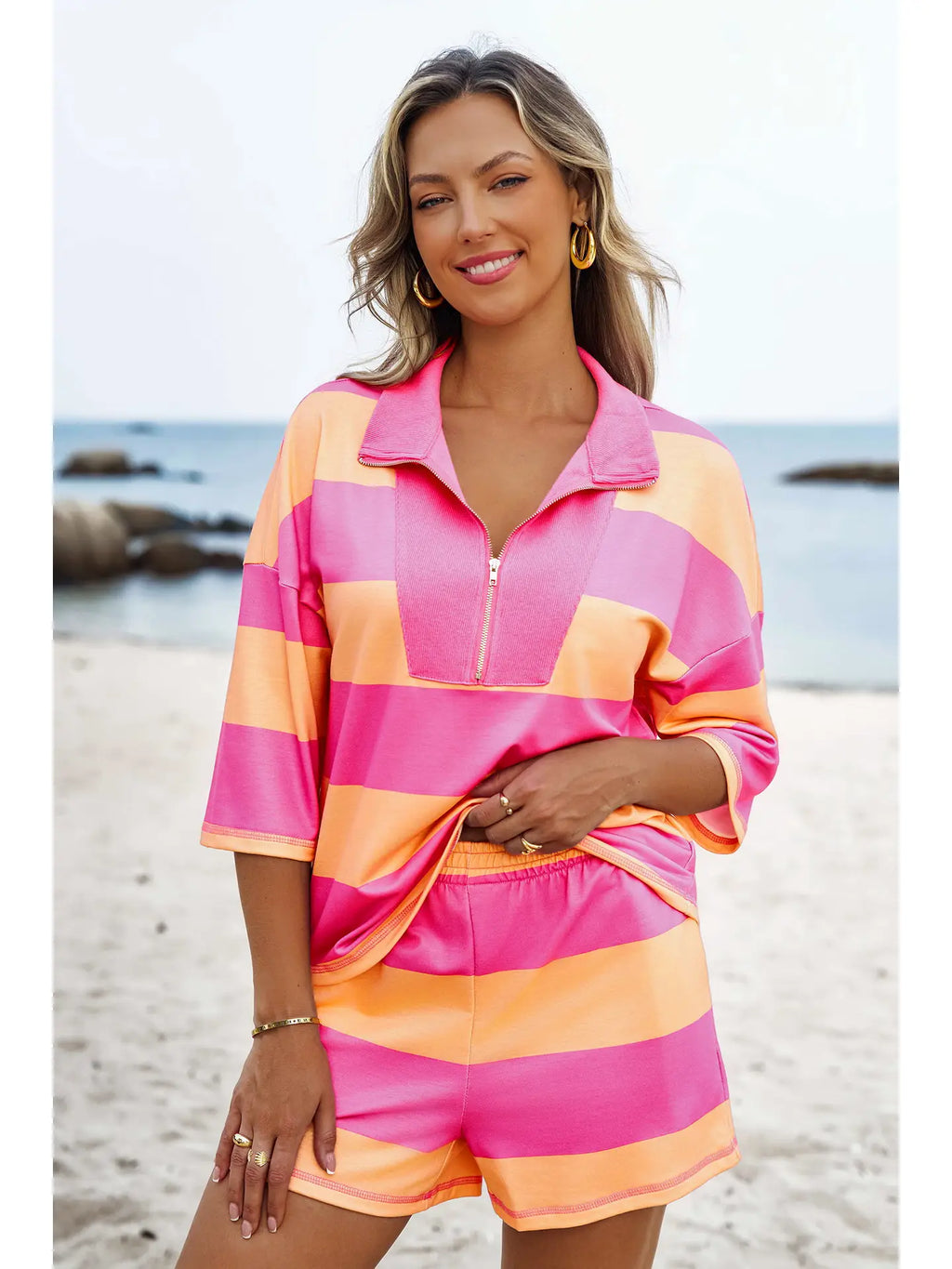 Striped half zip oversize tee casual set PRE ORDER