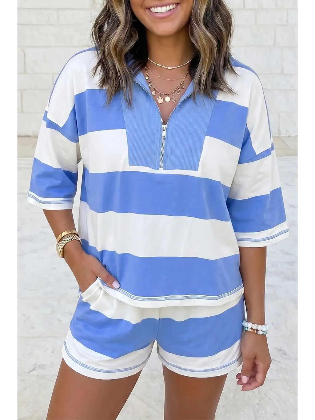 Striped half zip oversize tee casual set PRE ORDER
