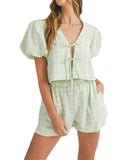 V-Neck Lace-Up Puff Sleeve Top Shorts Plaid Set PRE ORDER