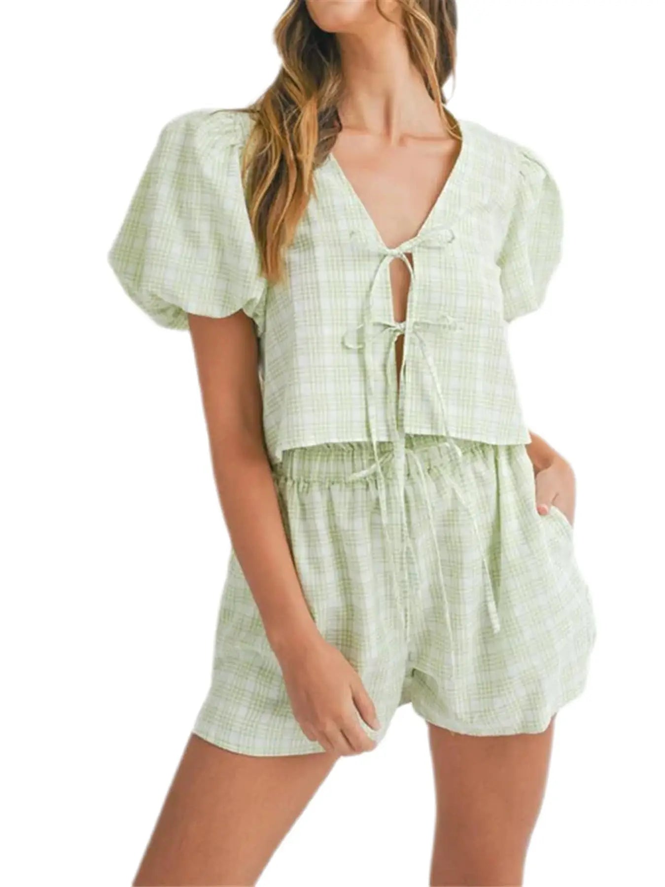 V-Neck Lace-Up Puff Sleeve Top Shorts Plaid Set PRE ORDER